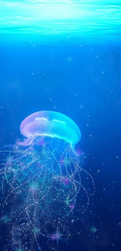 Bioluminescent jellyfish in deep blue ocean wallpaper.