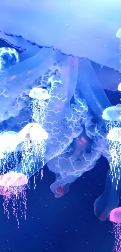 Bioluminescent jellyfish glow in blue and pink hues underwater.