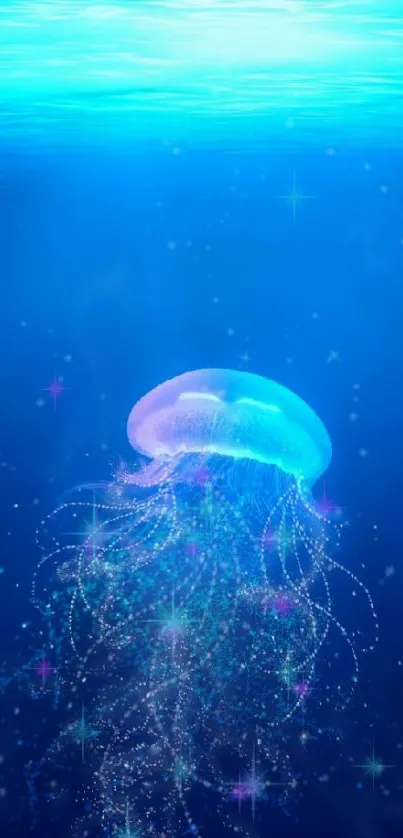 Mystical jellyfish gliding in blue ocean depths, emitting ethereal glow.