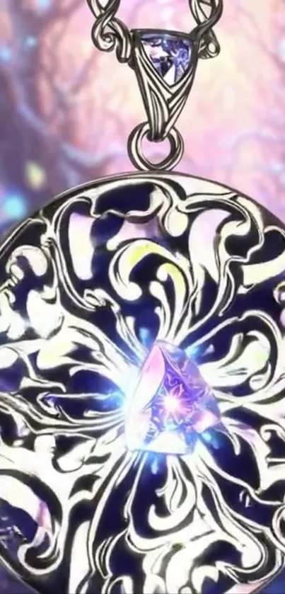 Mystical jewel pendant with intricate design and glowing colors.