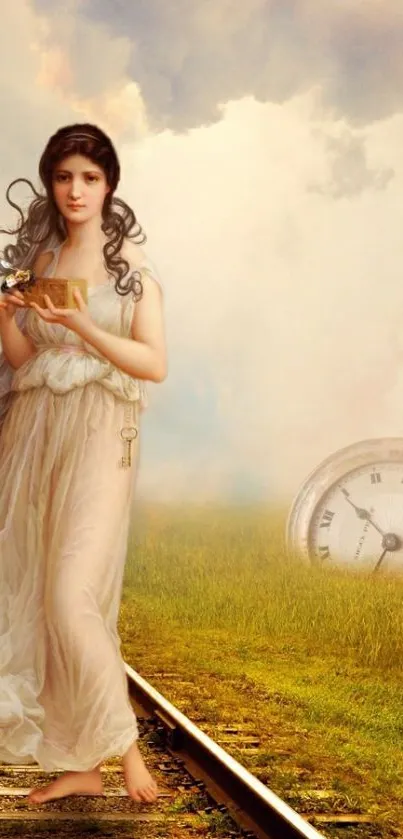 Mystical woman with book and vintage watch in serene landscape.