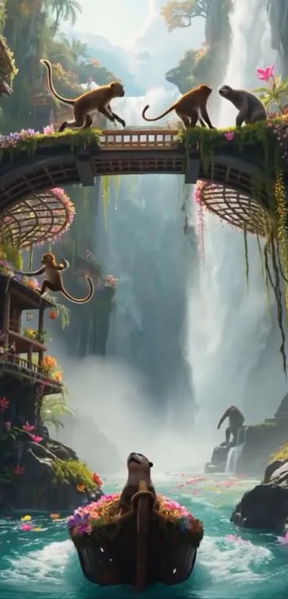 Monkeys on a jungle bridge with a waterfall backdrop.