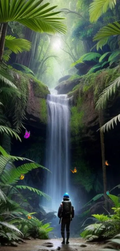 Jungle explorer near a waterfall with lush greenery and butterflies.