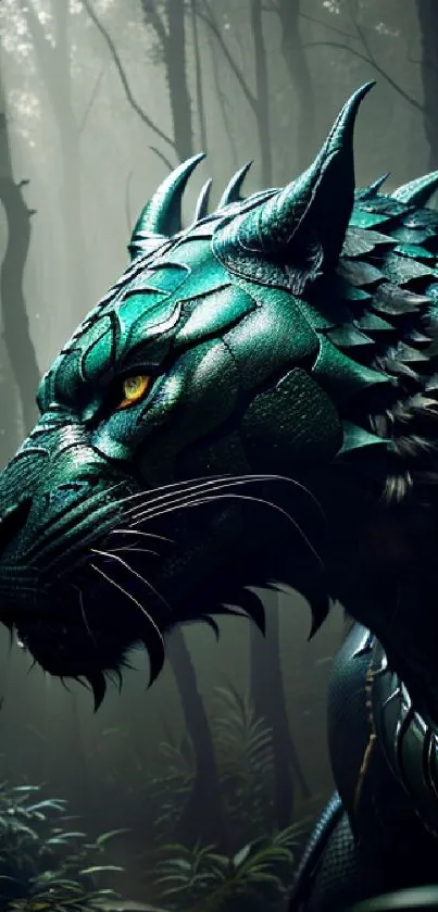 Emerald scaled beast in mystical jungle setting with a fantasy vibe.