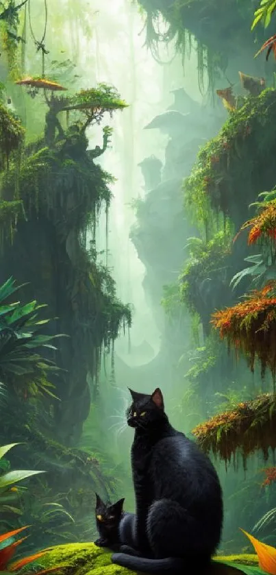 Mystical jungle wallpaper featuring black cats in lush green forest.