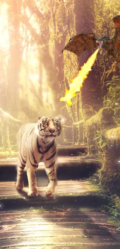 White tiger and dragon in a mystical jungle setting.