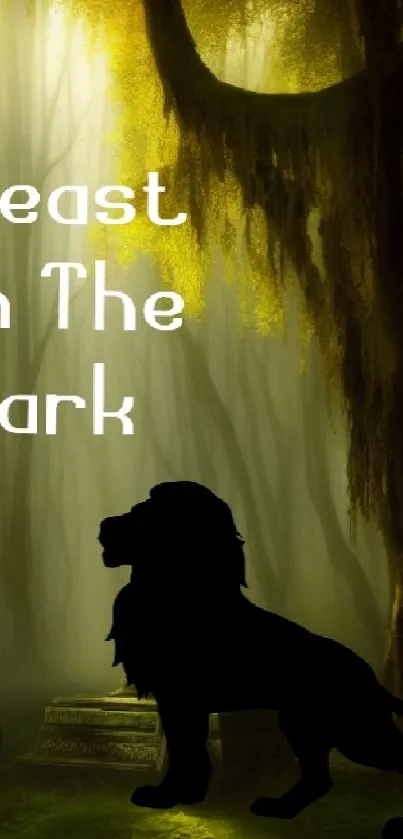 Dark jungle with lion silhouette in mystical light.