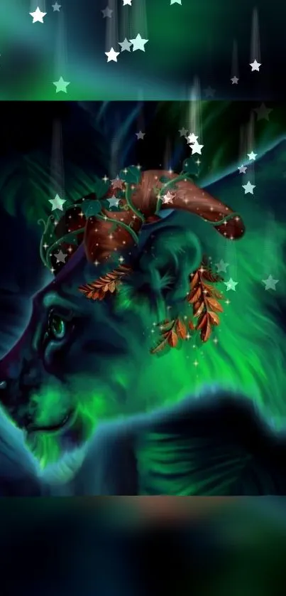 Mystical green lion with stars and leaves in jungle art style wallpaper.