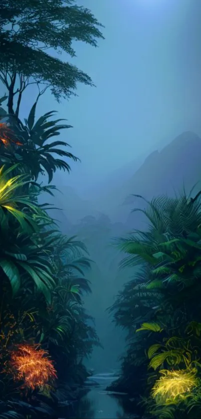 Jungle nightscape with glowing flora and blue misty background.