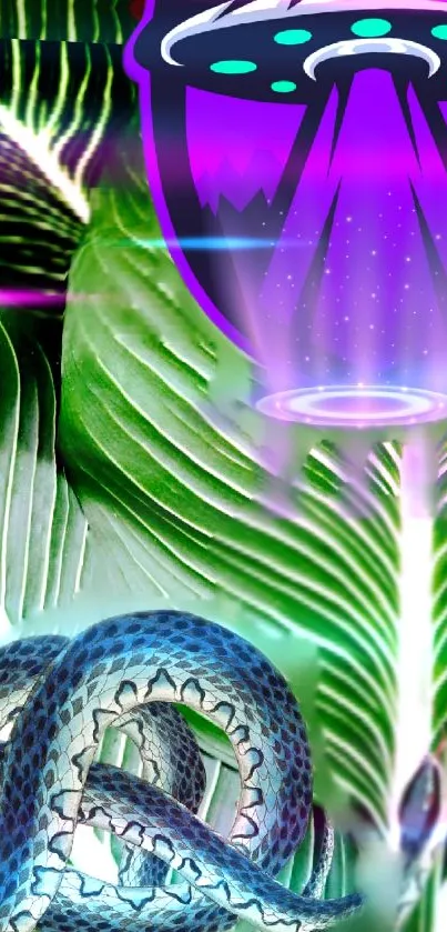 Mystical jungle wallpaper with snake and UFO.