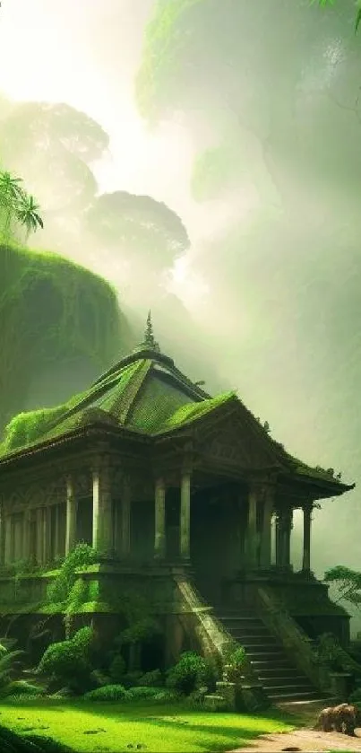 Ancient temple nestled in lush jungle.