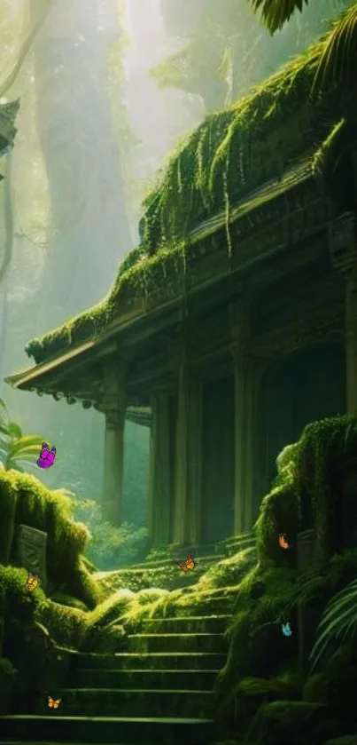 Ancient jungle temple with butterflies amidst lush greenery.