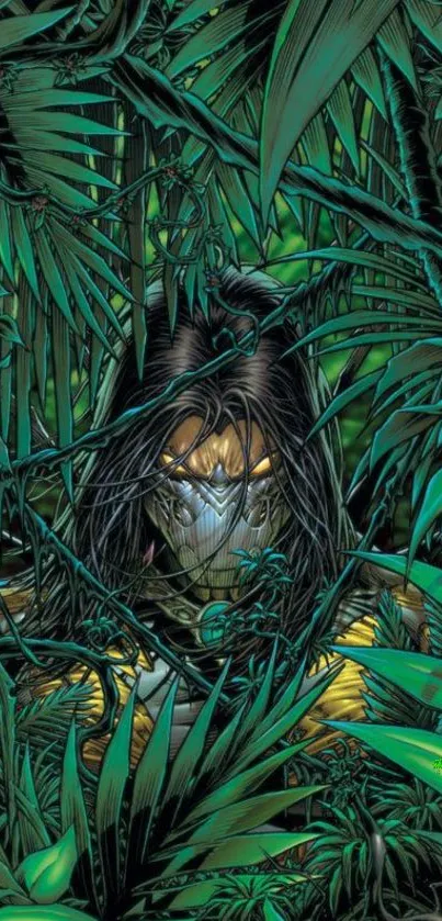 A masked jungle warrior hidden among lush green foliage.