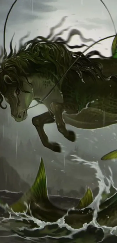 A mystical kelpie emerges from stormy waters in enchanting fantasy art.