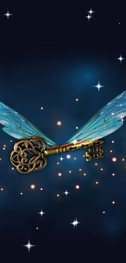 Golden key with blue wings and starry night backdrop.