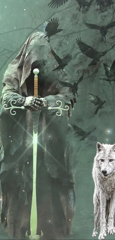 A mystical scene of a knight with a glowing sword and a white wolf in a dark forest.