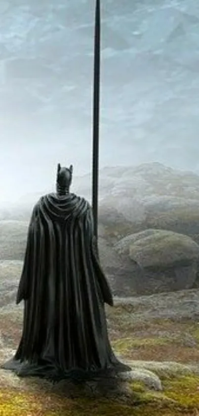 Mysterious knight standing in misty landscape with spear.