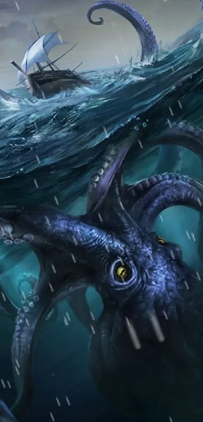 Dark ocean scene with a giant kraken underwater and a boat in the distance.