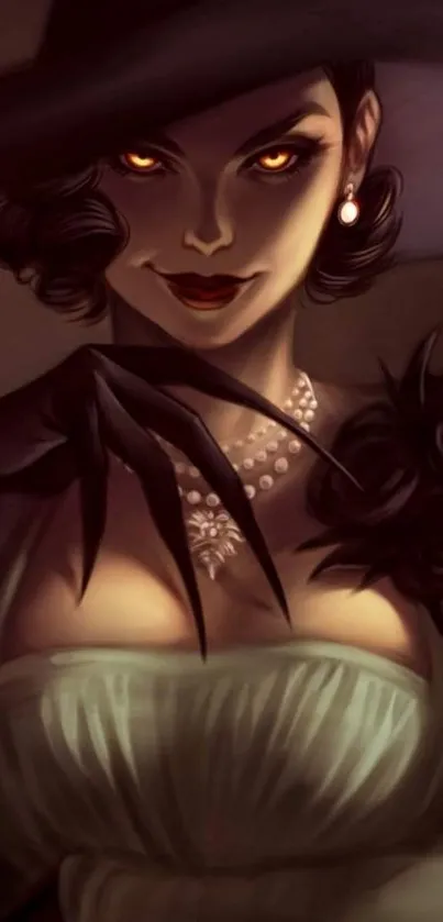 Elegant lady in dark-themed art with amber eyes and a wide-brim hat.