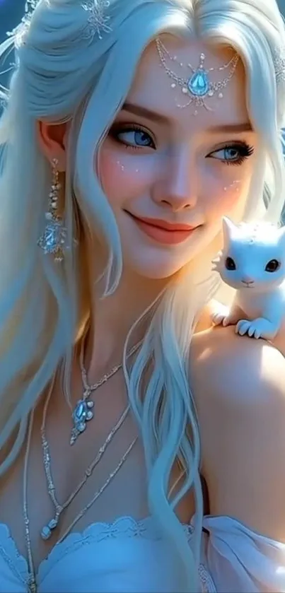 Fantasy lady with white cat on shoulder.