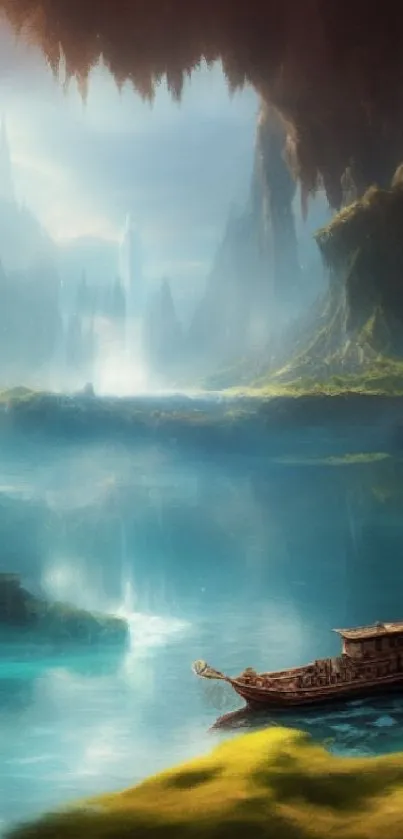 Mystical cave with a tranquil lake and a wooden boat.