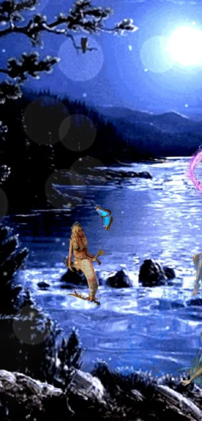 Mystical night scene with fantasy figures by a moonlit lake under a glowing sky.