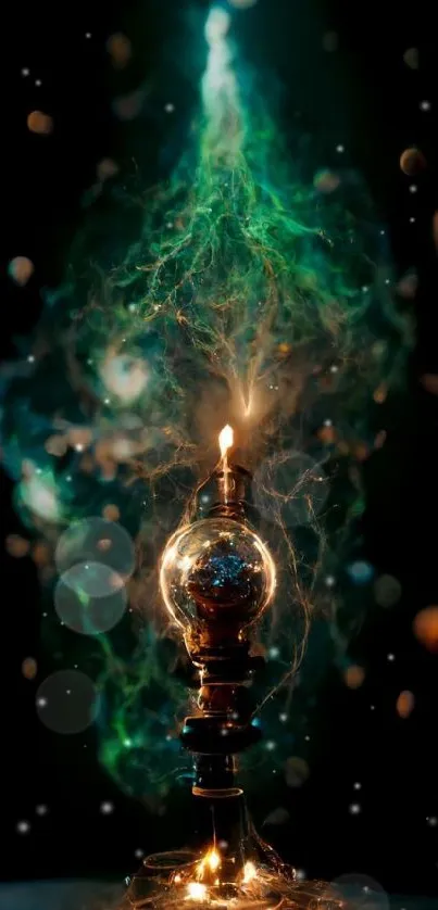 Mystical lamp with glowing green smoke on a dark background.