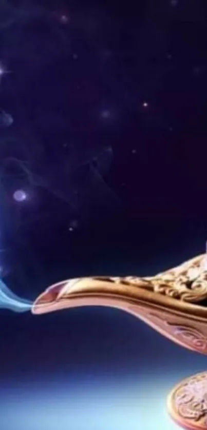 Golden genie lamp with mystical aura against a starry night background.