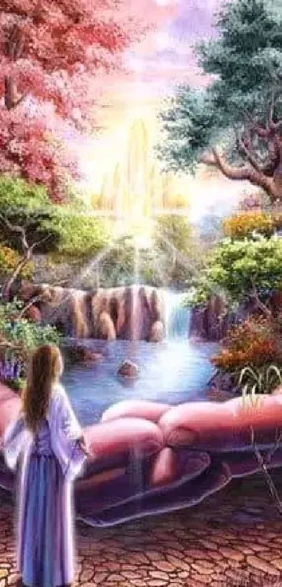 Mystical landscape with cradling hands and serene waterfall.