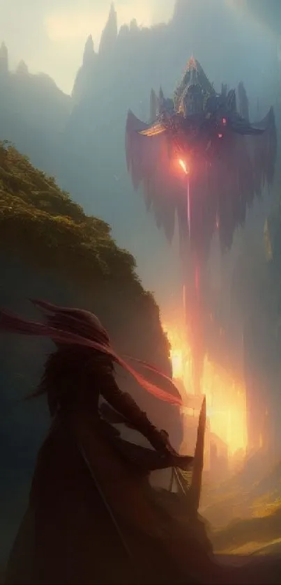 A mystical fantasy landscape with adventurer and glowing artifact.​