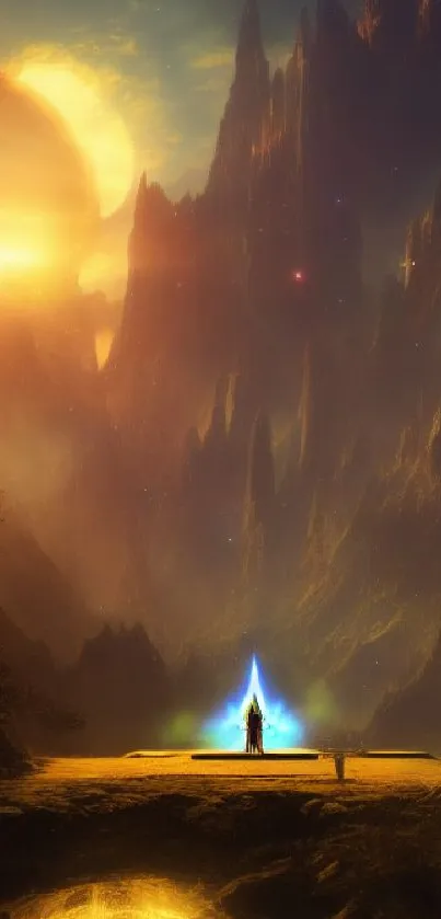 Mystical fantasy landscape with glowing sunset and mountains.