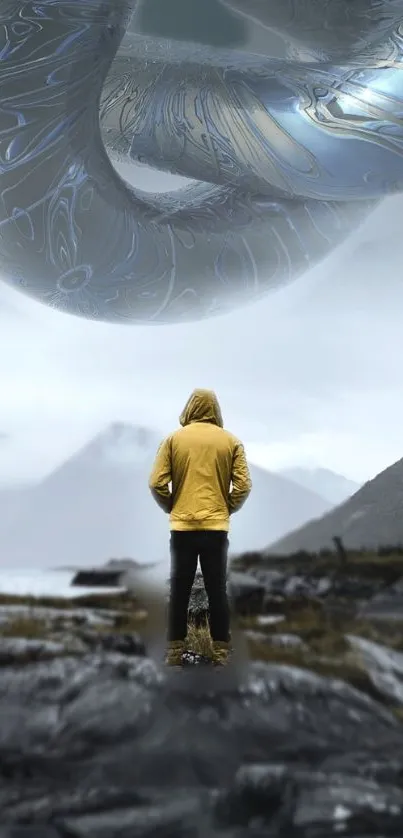Lone figure in yellow jacket beneath floating shapes over a misty mountain landscape.