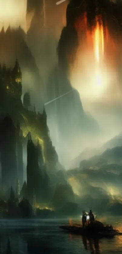 Mystical landscape with cliffs and vibrant light for mobile wallpaper.