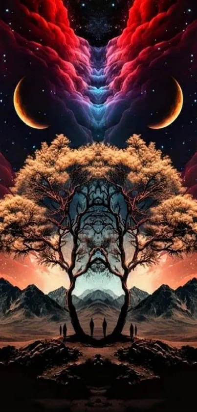 Surreal landscape with tree, moons, and colorful sky.