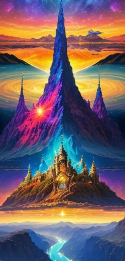 Colorful fantasy landscape with surreal mountain and ethereal scenery.
