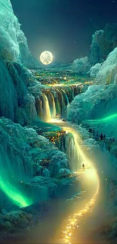 Mystical landscape with waterfalls and moonlit sky.