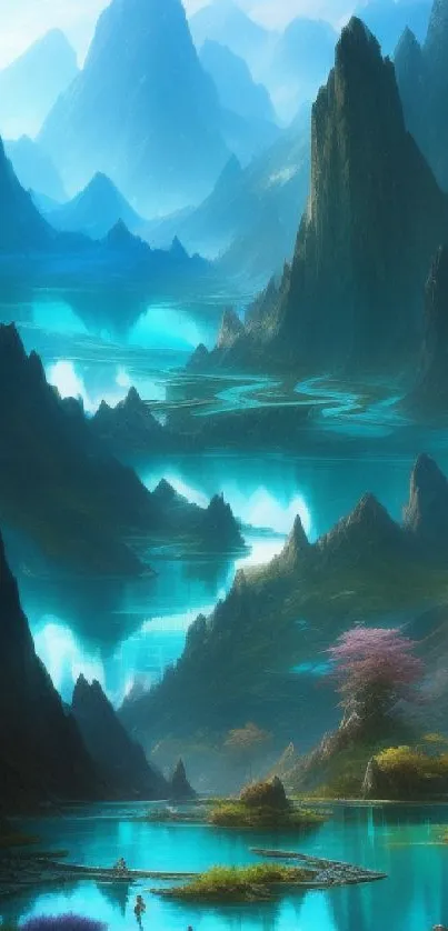 Mystical landscape with mountains and turquoise waters on phone wallpaper.