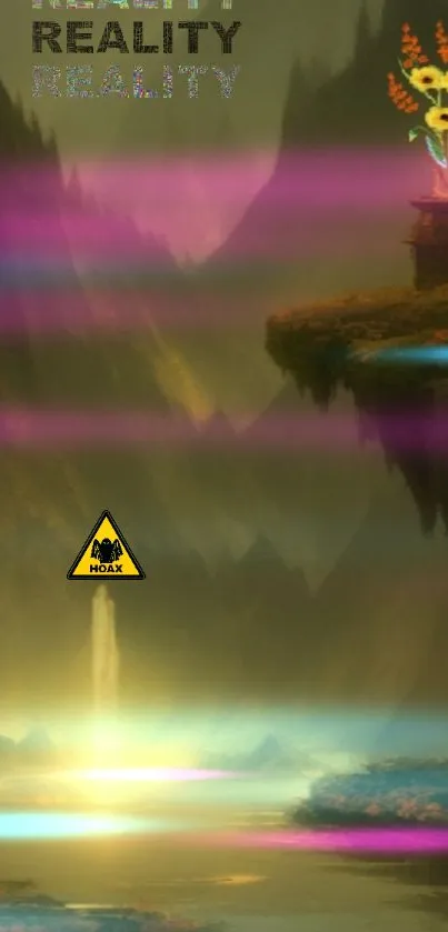 Mystical landscape with floating islands and colorful beams of light.