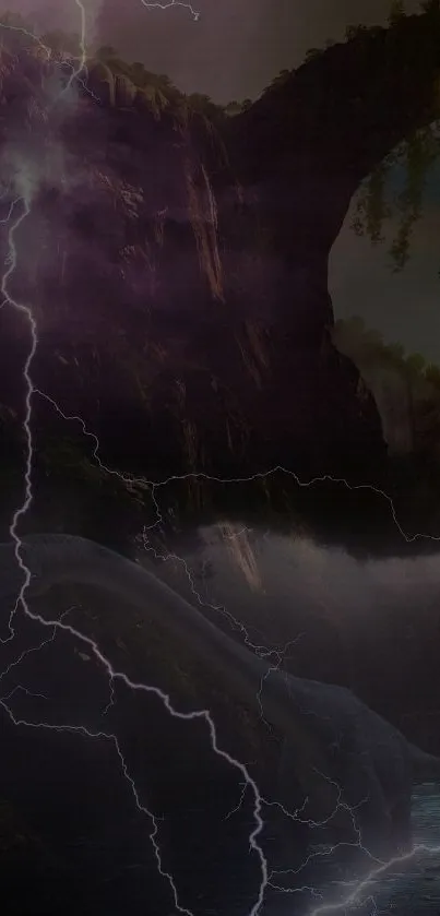 Mystical landscape with lightning, vibrant and dramatic scenes.