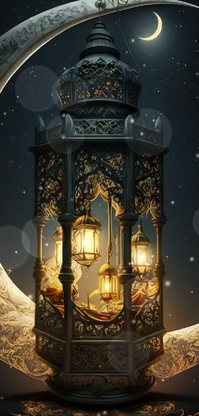 Mystical lantern beside crescent moon, glowing in the dark.