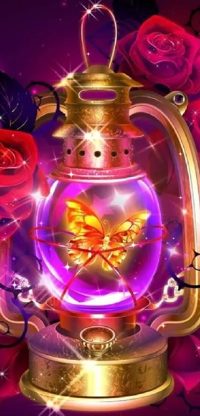 Mystical wallpaper with lantern and roses on a purple background.