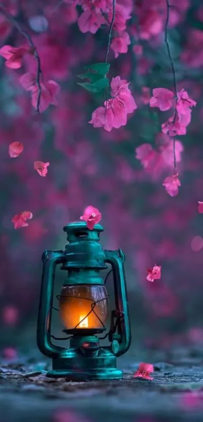 Glowing lantern amidst pink blossoms, creating a dreamy mobile wallpaper.