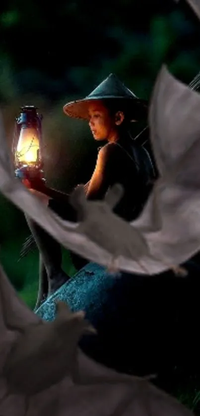 Child with lantern in dark forest surrounded by bats, mystical atmosphere.