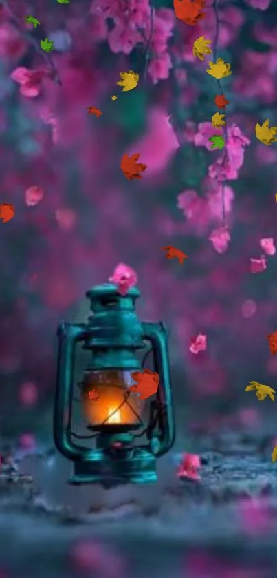 Lantern glowing in a mystical forest with vibrant falling leaves.