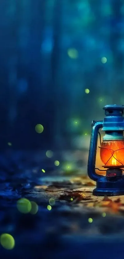 Glowing lantern in a mystical blue forest, fireflies around.