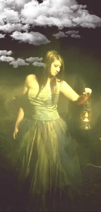 Ethereal woman with lantern in dark forest scene wallpaper.