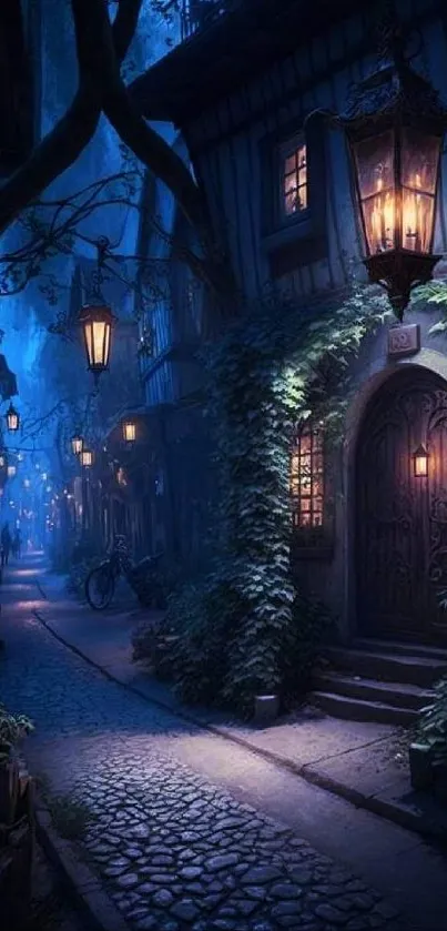 Mystical scene with lantern-lit street and ivy-covered buildings.