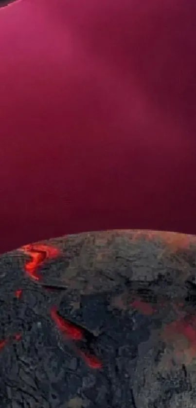 Fiery planet with lava flows under a crimson sky wallpaper.