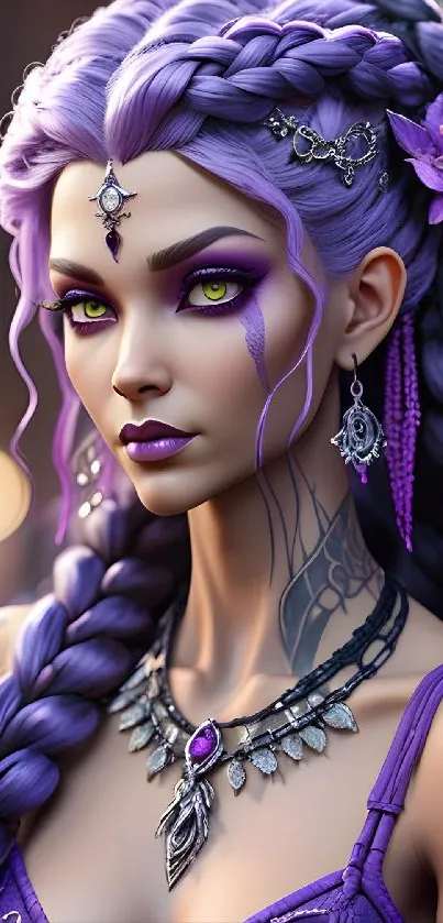 Lavender-haired woman in fantasy art with intricate jewelry.