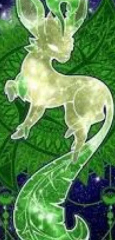 Mystical leafy creature glowing in green against a starry cosmic background.